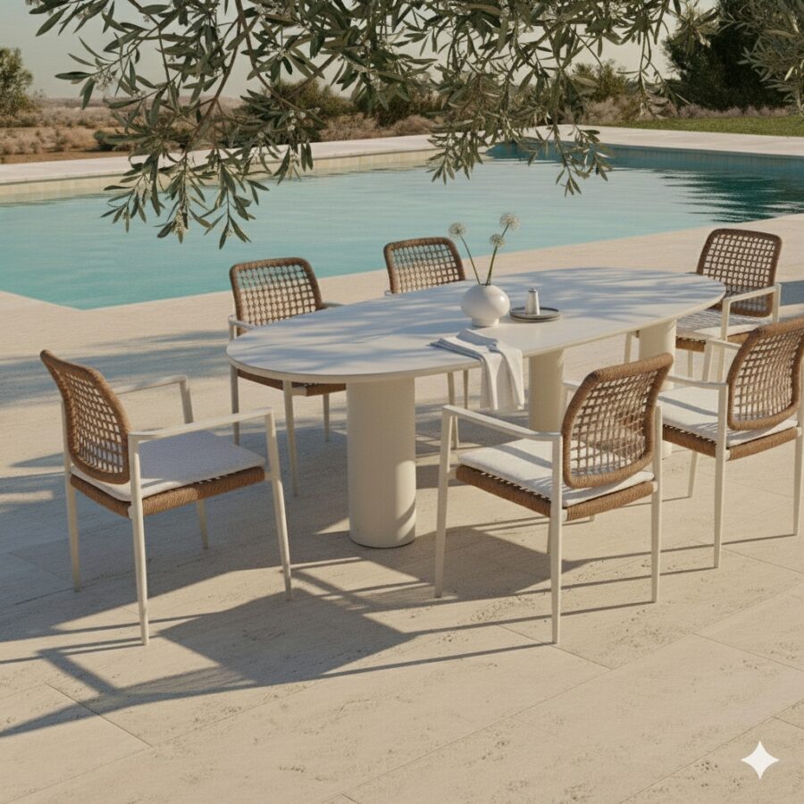 CASA DOMA Gartenmöbel-Set mit "Lavello" Stapelstuhl und "Lioni" Gartentisch, Aluminium cream, Geflecht naturfarben, Tischplatte Sinterstein 260x115 cm (Bild KI-generiert)