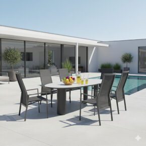 Gartenmöbel-Set mit Liadomo "Limbadi Move" Stapelsessel und CASA DOMA "Lioni" Gartentisch 260 × 115 cm, Gestelle Aluminium anthrazit, Armlehnen Aluminium (Bild KI-generiert)