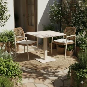 Gartenmöbel-Set mit CASA DOMA "Lavello" Stapelsessel und Liadomo "Torano" Klapptisch 80x80 cm, Gestelle Aluminium cream, Geflecht naturfarben (Bild KI-generiert)