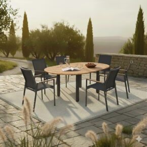 Gartenmöbel-Set mit Liadomo "Limbadi" Gartenstuhl, Gestell Aluminium anthrazit, Textilgewebe, Armlehnen Teakholz und CASA DOMA "Ugento" Ausziehtisch 140/190 x 140 cm, Gestell Edelstahl anthrazit, Tischplatte Teakholz (Bild KI-generiert)