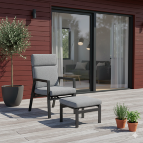 Liadomo "Celano" Diningsessel und Hocker, Aluminium anthrazit, Polster Olefin grau, Armlehnen Aluminium (Bild KI-generiert)