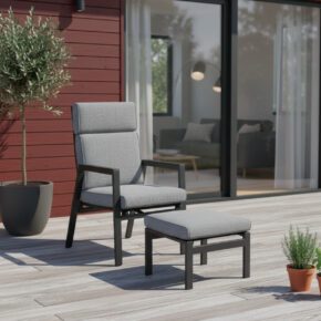 Liadomo "Celano" Diningsessel und Hocker, Aluminium anthrazit, Polster Olefin grau, Armlehnen Aluminium (Bild KI-generiert)