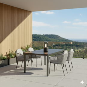 Liadomo Gartenmöbel-Set "Latina/Scalea" 5-tlg., Aluminium anthrazit, Rope & Kissen light grey, Tisch 160x90 cm, Sinterstein Granit-Optik (Bild KI-generiert)