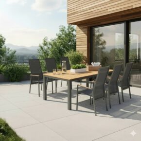 Liadomo Gartenmöbel-Set mit "Limbadi" Hochlehner Move und "Scalea" Tisch 210x100cm, Gestelle Aluminium anthrazit, Tischplatte und Armlehnen Teakholz (Bild: KI-generiert)