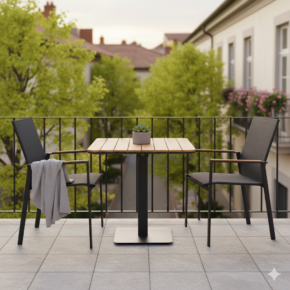 Liadomo "Limbadi/Torano" Gartenmöbel-Set 3-tlg., Gestelle Aluminium anthrazit, Sitz Textilene, Armlehnen Teak, Tischplatte Teak 80x80 cm (Bild KI-generiert)