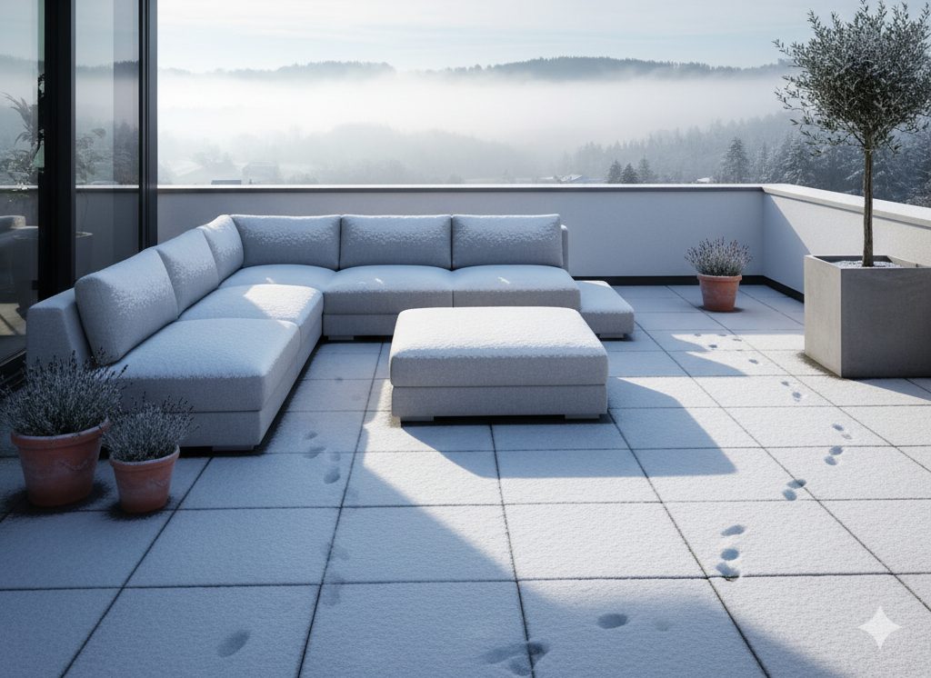 Frost schadet auf Dauer selbst den besten Outdoor-Polstern (Bild: KI-generiert)