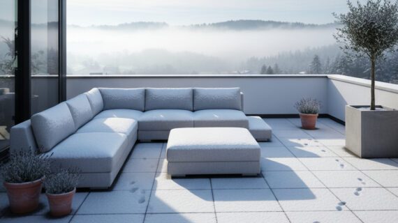 Eine Loungegruppe auf der verschneiten Dachterrasse