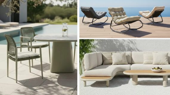 Bilder von Schaukelstühlen, organisch geformtem Loungesofa, Tisch mit Säulenfuß und Gartenstühlen geflochten als Collage