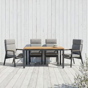 Gartenmöbel-Set mit Liadomo "Celano" Sessel, Aluminium anthrazit, Polster grau, Armlehnen Teak und CASA DOMA "Varano" Ausziehtisch 160/260x90 cm, Edelstahl anthrazit/Teak (Bild KI-generiert)