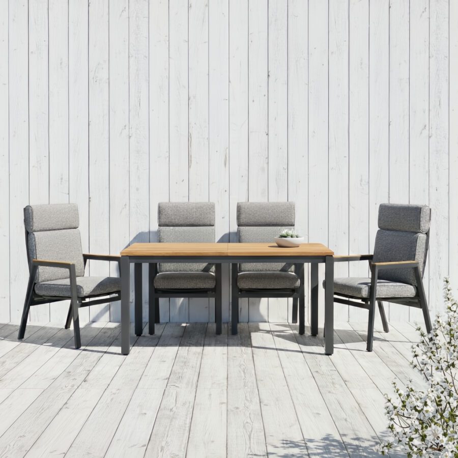 Gartenmöbel-Set mit Liadomo "Celano" Sessel, Aluminium anthrazit, Polster grau, Armlehnen Teak und CASA DOMA "Varano" Ausziehtisch 160/260x90 cm, Edelstahl anthrazit/Teak (Bild KI-generiert)