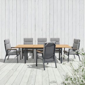 Gartenmöbel-Set 7-tlg. mit Liadomo "Celano" Sessel, Aluminium anthrazit, Polster grau, Armlehnen Teak und CASA DOMA "Varano" Ausziehtisch 160/260x90 cm, Edelstahl anthrazit/Teak (Bild KI-generiert)
