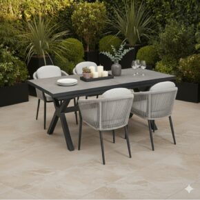 Liadomo Gartenmöbel-Set "Benevento/Latina" 5-tlg., Aluminium anthrazit, Rope & Kissen light grey, Tisch 200/260x100 cm, Sinterstein dunkelgrau (Bild KI-generiert)