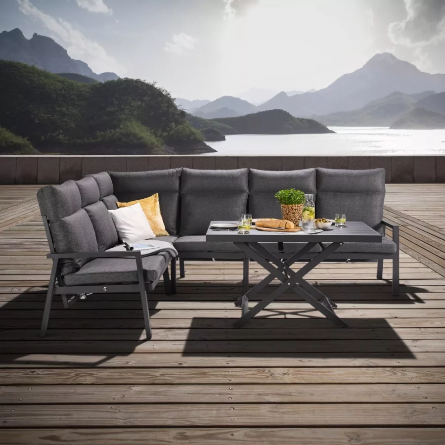 Gepolstertes Eckloungeset mit höhenverstellbarem Tisch