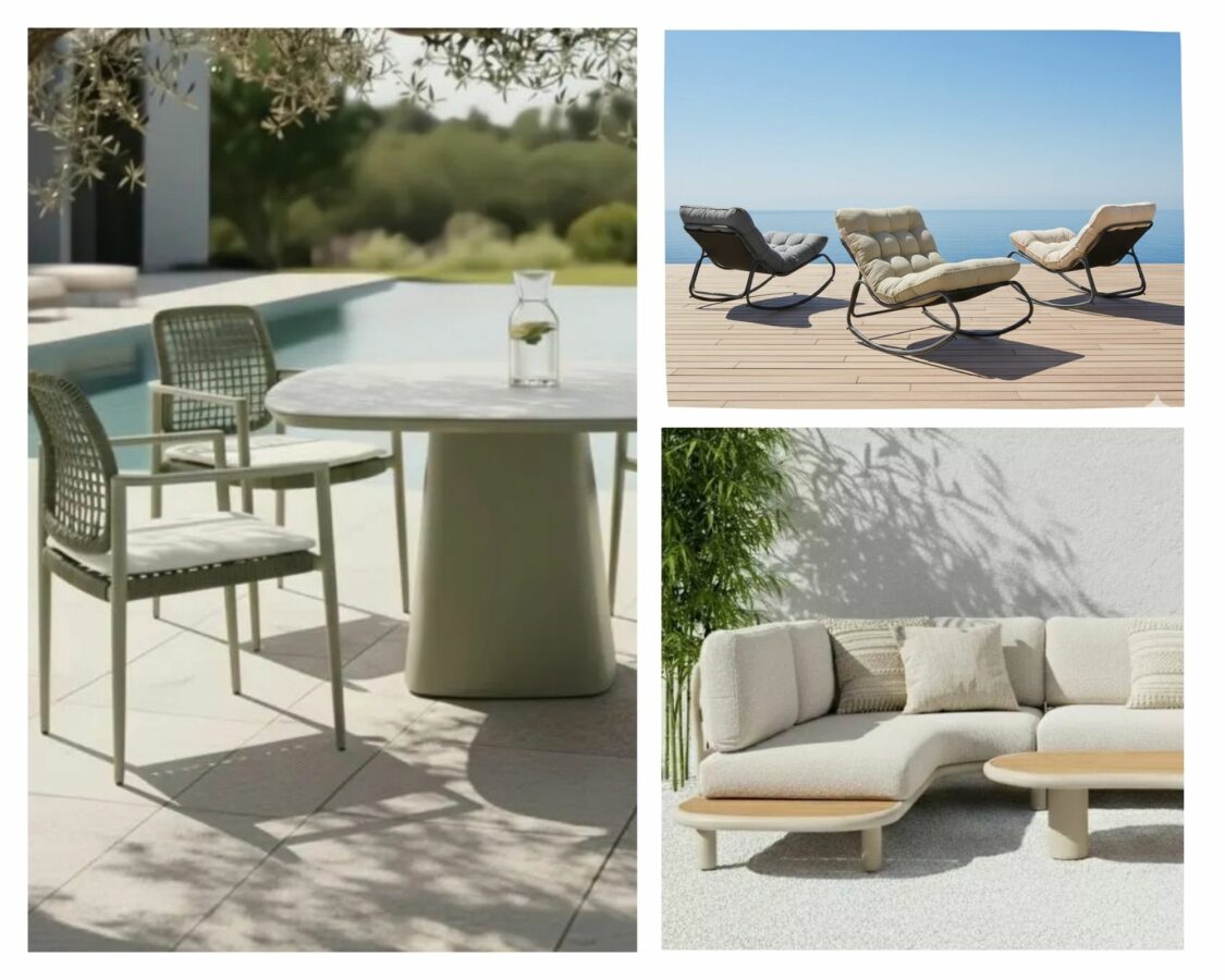 Bilder von Schaukelstühlen, organisch geformtem Loungesofa, Tisch mit Säulenfuß und Gartenstühlen geflochten als Collage