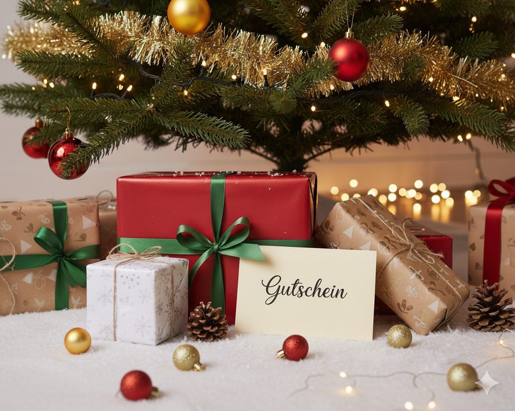 Verpackte Geschenke und Gutschein unter Weihnachtsbaum