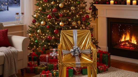 Verpackter Gartenstuhl in weihnachtlichem Wohnzimmer