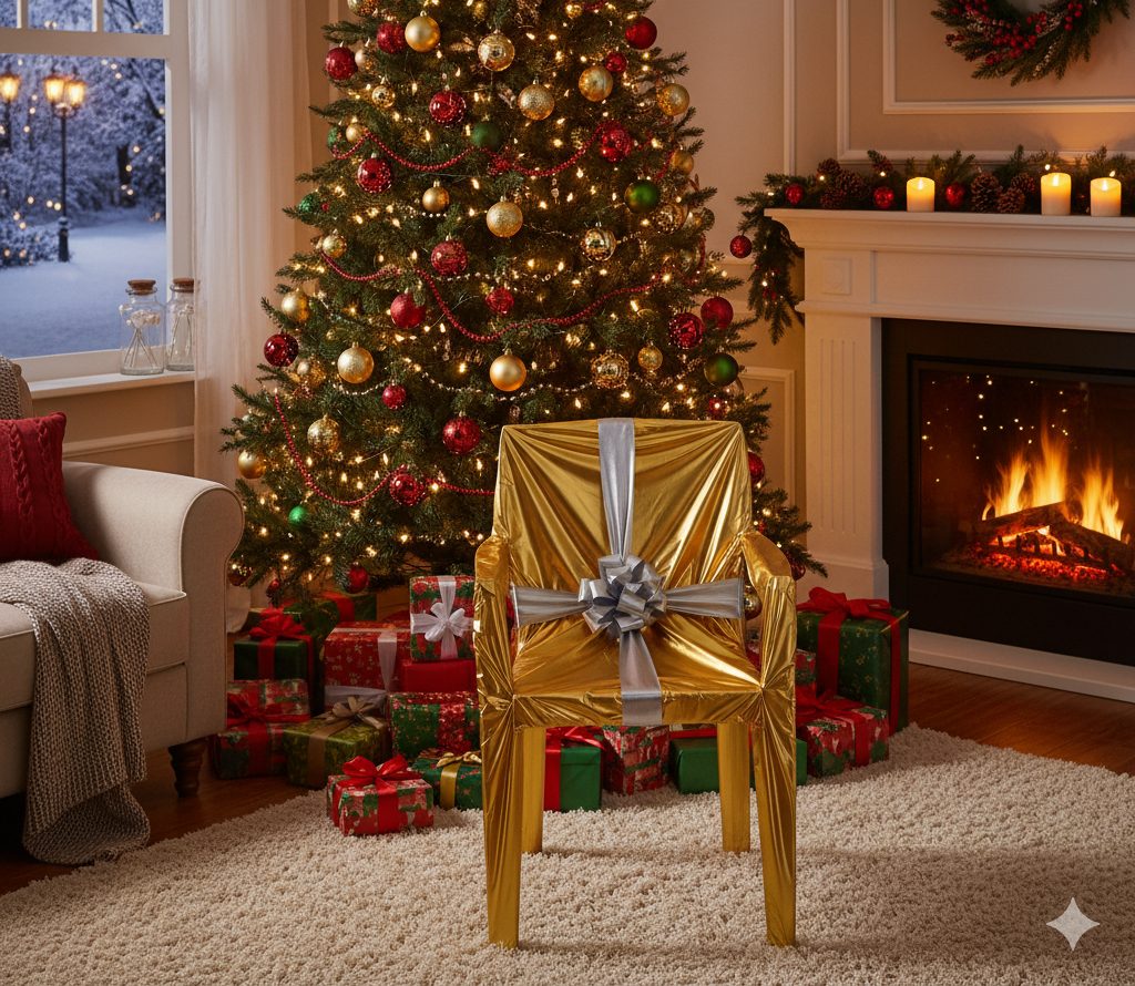 Verpackter Gartenstuhl in weihnachtlichem Wohnzimmer