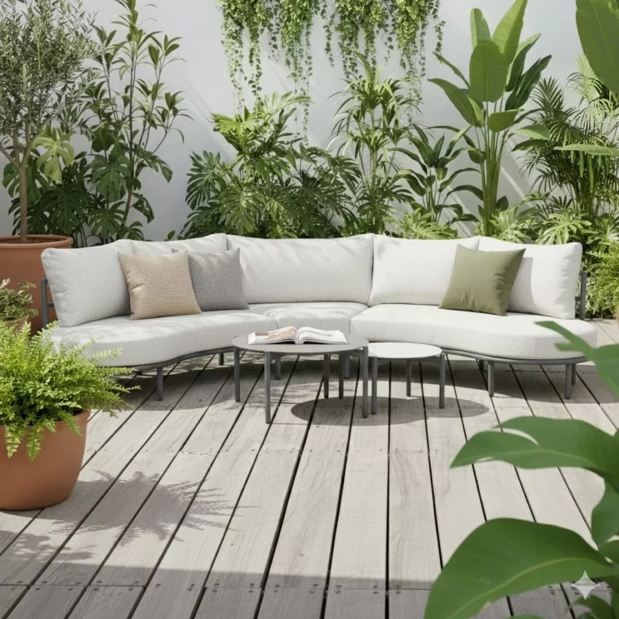 Helle Lounge "Celano" von Liadomo mit organischer Form vor üppiger Pflanzenpracht