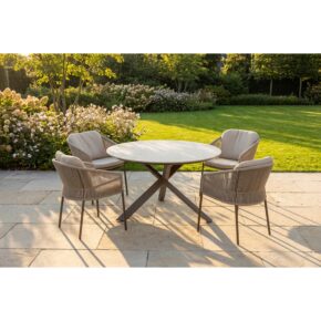 4Seasons Outdoor "Florence" Diningsessel, Gestell Aluminium terre, Rope-Bespannung hellgrau, Kissen Olefin hellgrau mit "Prado" Gartentisch Ø 130 cm, Tischplatte Keramik terre