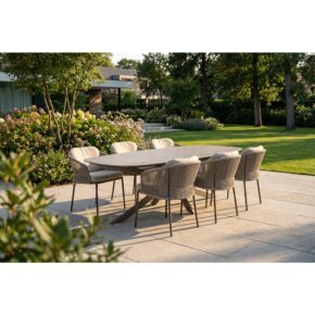 4 Seasons Outdoor "Florence" Diningsessel, Gestell Aluminium terre, Rope-Bespannung hellgrau, Kissen Olefin hellgrau mit "Prado" Gartentisch 240x105 cm, Tischplatte Keramik terre