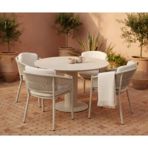 Hartman "Altea" Diningsessel, Gestell Aluminium sand, Rope-Bespannung sand, Weatherready® Kissen beige, mit "Girona" Gartentisch Ø 120 cm, Tischplatte Keramik beige
