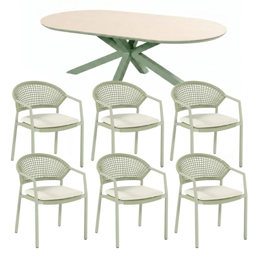 Hartman "Taragona/Granada" Gartenmöbel-Set, Gestelle Aluminium soft green, Rope-Bespannung soft green, Weatherready® Kissen beige, Tischplatte Keramik 220×120 cm