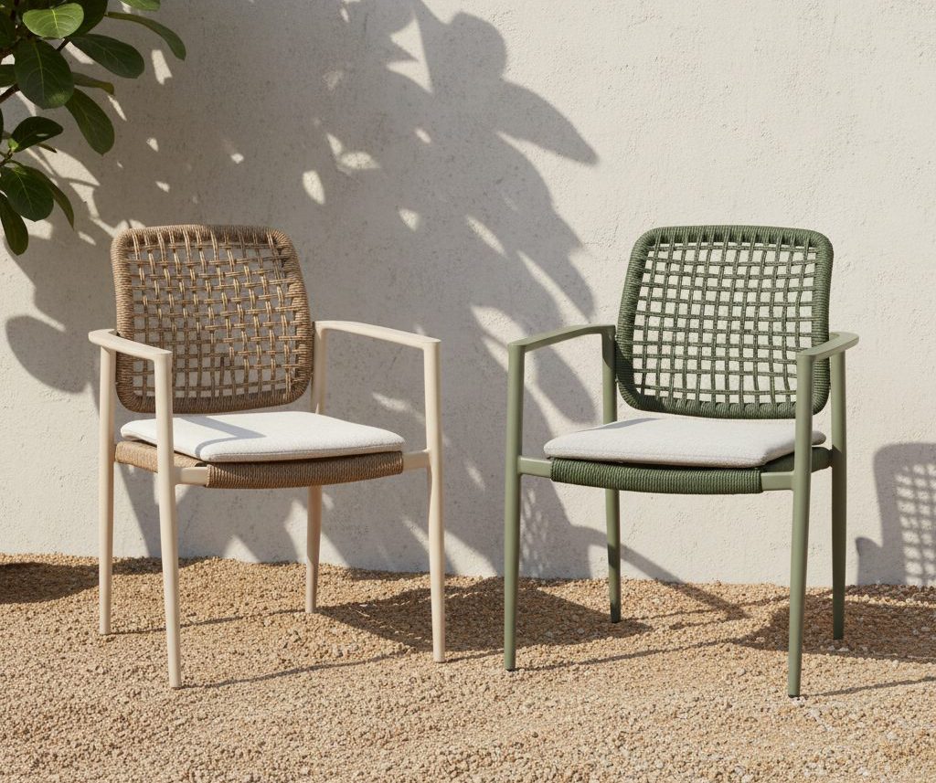 Zwei farbige Rope-Stühle vor einer weißen Wand