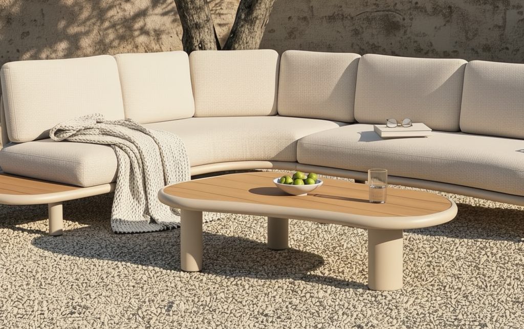 Lounge und asymmetrischer Tisch vor einem großen Baum