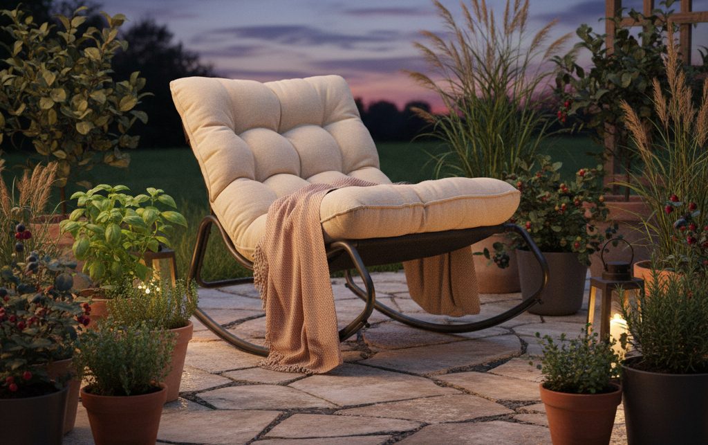 Organisch geformter Schaukelstuhl auf einer gemütlichen Terrasse am Abend