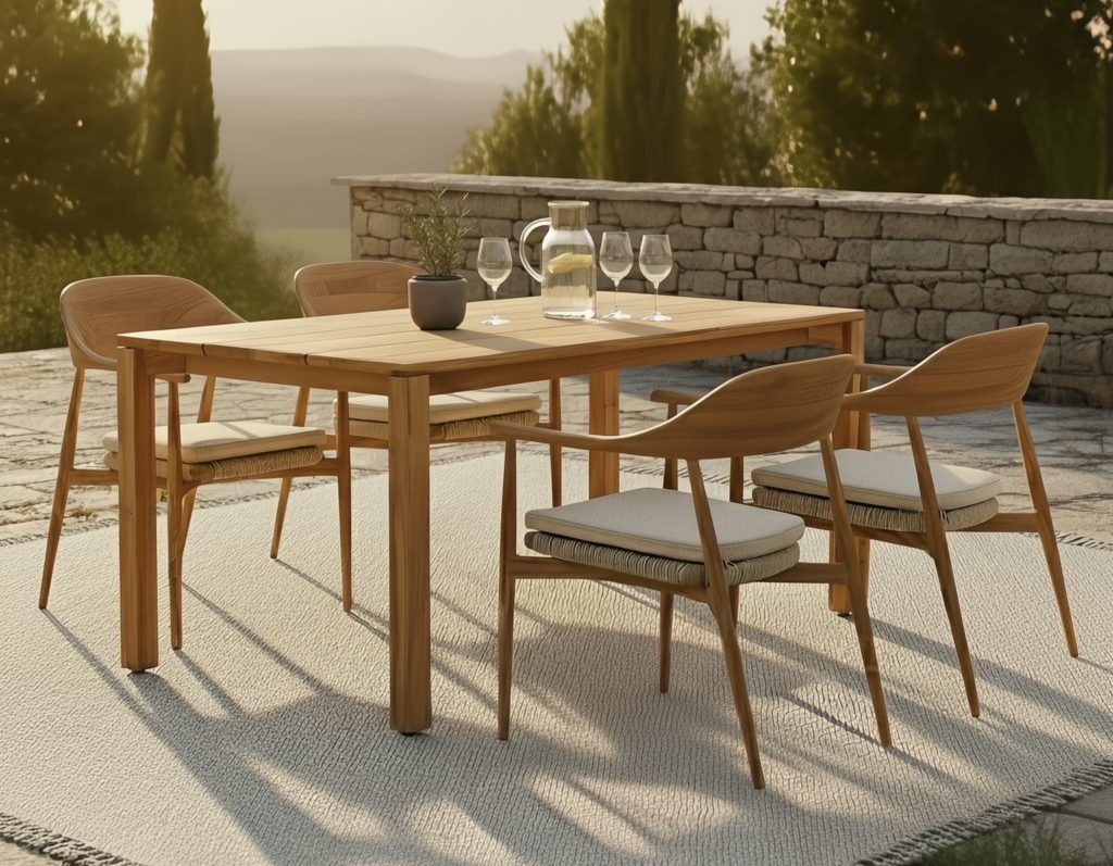 Sonnige Terrasse mit Teaktisch und Teakstühlen auf einem Teppich