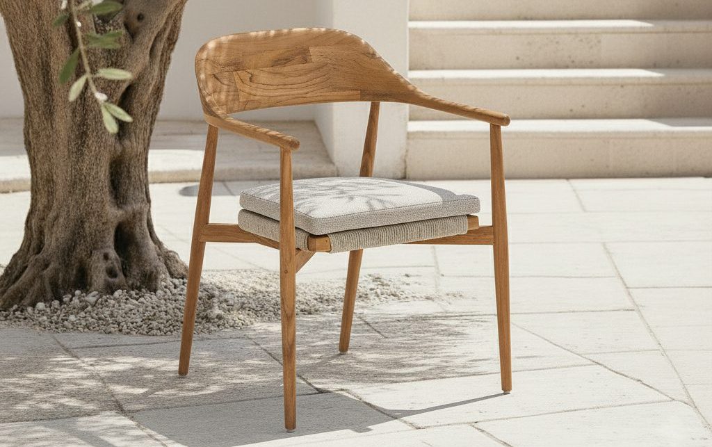 Schlanker Teakstuhl auf einer mediterranen Terrasse