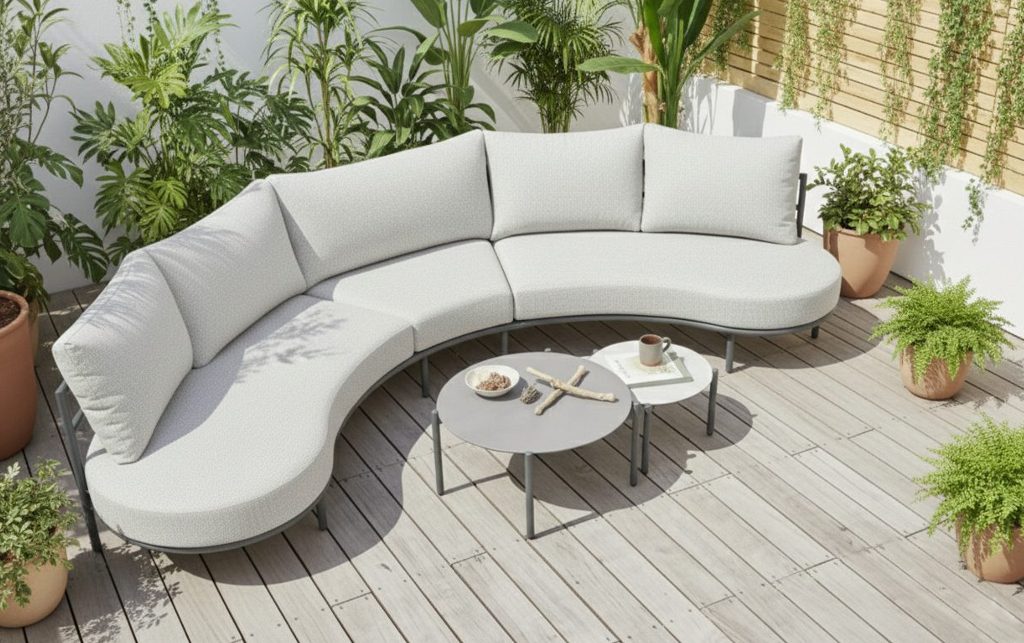 Geschwungenes Loungesofa auf einer Terrasse mit Grünpflanzen