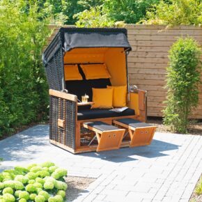 Sonnenpartner Strandkorb "Konsul", 2-Sitzer, Polyrattan schwarz, Markisenstoff Dessin 711 und uni mandarin 719