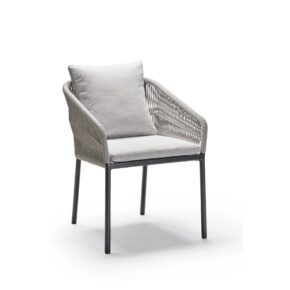 Stern "Jella" Stapelsessel, Gestell Aluminium anthrazit matt, Sitzfläche Textilgewebe silber, Kordel-Bespannung stone, Kissen Polyacryl perlgrau