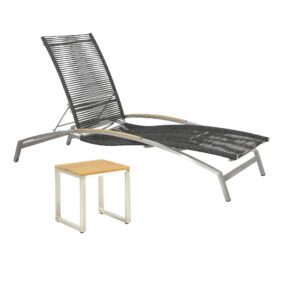CASA DOMA Set mit "Mineo" Sonnenliege & "Macari" Beistelltisch, Gestelle Edelstahl gebürstet, Rope anthrazit, Armlehnen und Tischplatte Teak