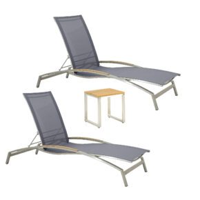 CASA DOMA Set mit "Mineo" Sonnenliegen & "Macari" Beistelltisch, Gestelle Edelstahl gebürstet, Sunproof® Sling schwarz/silber, Armlehnen und Tischplatte Teak