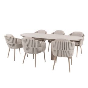 4Seasons Outdoor "Eva" Diningsessel, Gestell Aluminium latte, Rope-Bespannung beige, Kissen Olefin beige mit "Estate" Gartentisch, Tischplatte Keramik