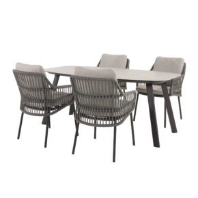 4Seasons Outdoor "Alicante" Diningsessel, Gestell Aluminium anthrazit, Rope-Bespannung grau, Kissen Olefin hellgrau mit "Manolo" Gartentisch 180x95 cm, Tischplatte Keramik sand