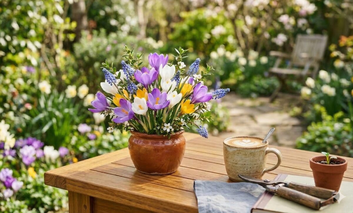 Bunter Strauss mit Krokussen in Tonvase auf Gartentisch aus Teakholz