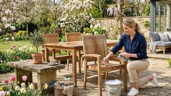 Frau auf Steinterrasse reinigt Gartenstuhl aus Holz mit Bürste
