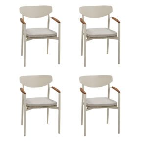 CASA DOMA "Farini" Stapelstuhl, Gestell Aluminium cream, Sitzfläche Rope fossil, Armlehnen Teakholz, Sitzkissen Olefin braunbeige