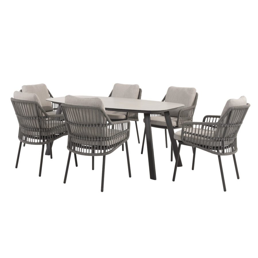 4Seasons Outdoor "Alicante" Diningsessel, Gestell Aluminium anthrazit, Rope-Bespannung grau, Kissen Olefin hellgrau mit "Manolo" Gartentisch 180x95 cm, Tischplatte Keramik sand