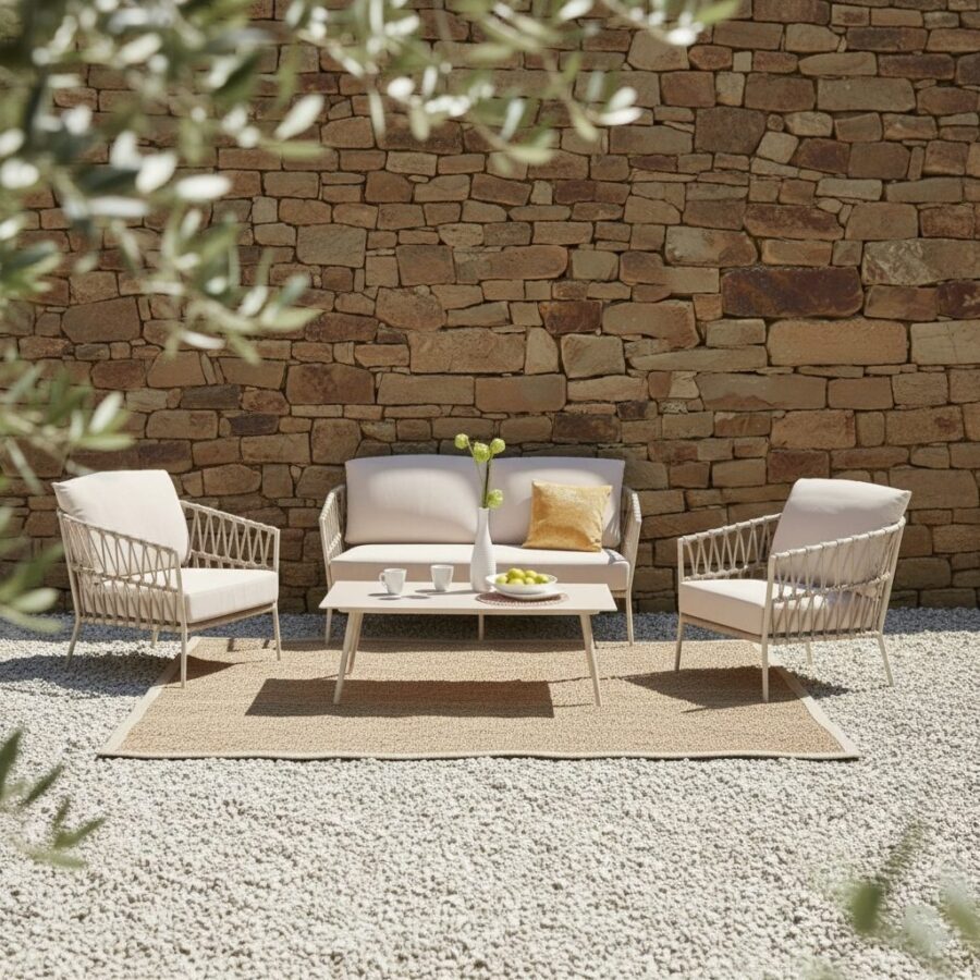 CASA DOMA Loungeset Messina im Sonnenlicht vor rustikaler Steinwand (Bild KI-generiert)