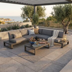 Jati & Kebon Loungeset "Virginia", Gestell Aluminium eisengrau, Polster Sunbrella® schiefergrau, Tischplatte HPL Nero Granite (Bild KI-generiert)