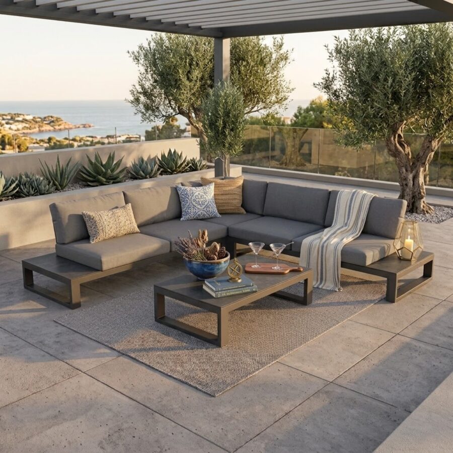 Jati & Kebon Loungeset "Virginia", Gestell Aluminium eisengrau, Polster Sunbrella® schiefergrau, Tischplatte HPL Nero Granite (Bild KI-generiert)