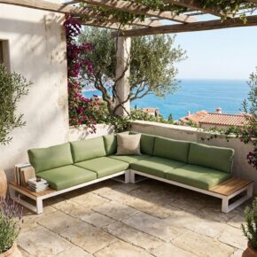 Jati&Kebon "Virginia" Ecklounge, Gestell Aluminium weiß mit Teak, Polster Sunbrella pistaziengrün (Bild KI-generiert)