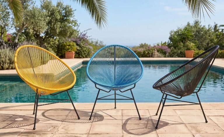 Bunte Acapulco Sessel am Pool (Bild KI generiert)