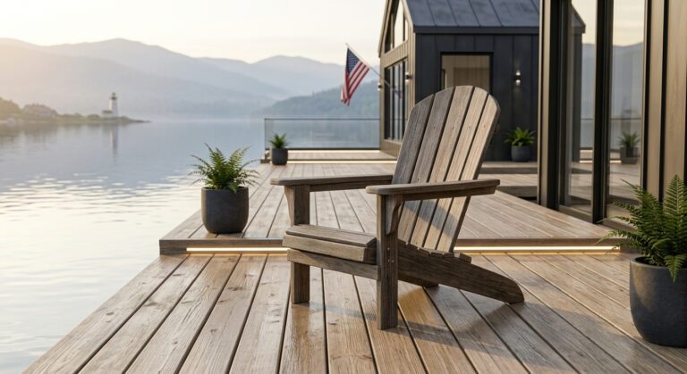 Ein Adirondack Sessel auf einer Terrasse am See (Bild KI-generiert)