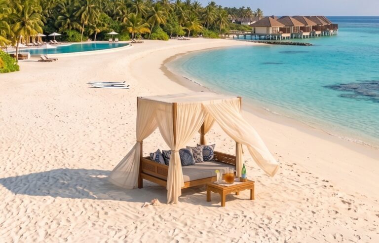 Ein großes Daybed am weiten Sandstrand (Bild KI-generiert)