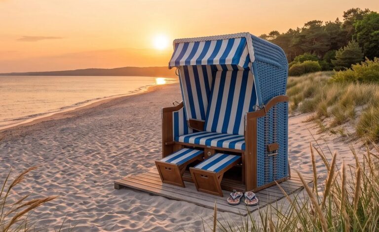 Ein blau-weißer Strandkorb am Meer, die Sonne geht unter